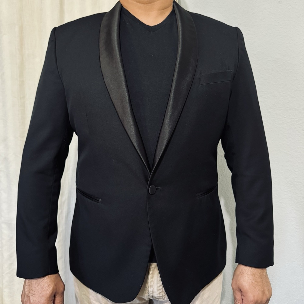 Bellio Men Black Label 1 Button Tuxedo Jacket Blazer‎ 46R Satin Shawl Lapel Slim